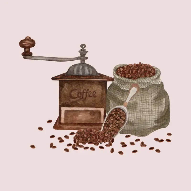 Graphic of a manual old school coffee grinder with coffee beans in a burlat bag