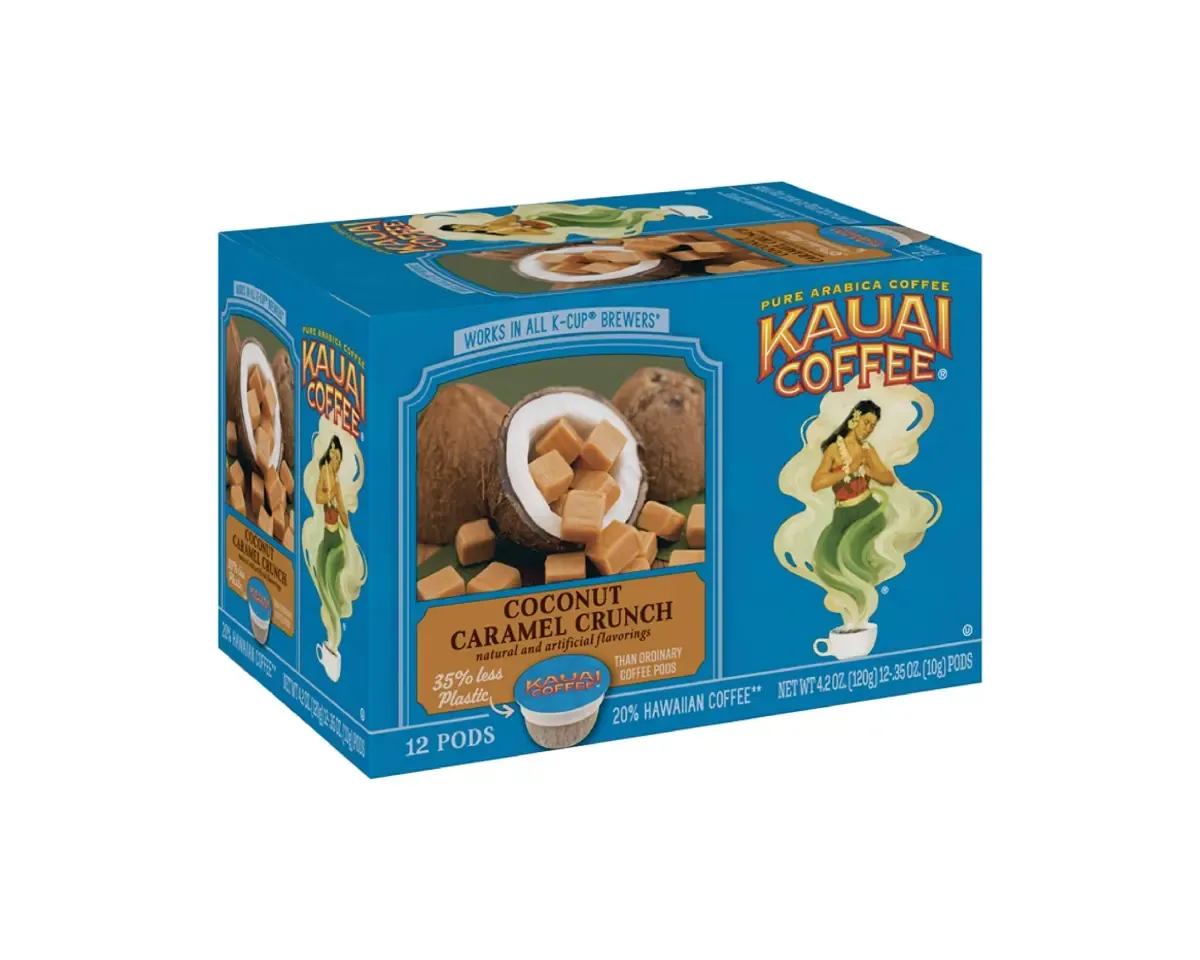 Kauai Coffee Single Serve Pods Coconut Caramel Crunch Flavor