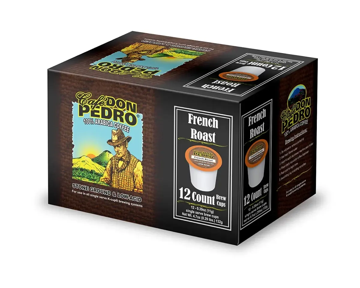 Cafe Don Pedro French Roast Low-Acid Coffee kcup box