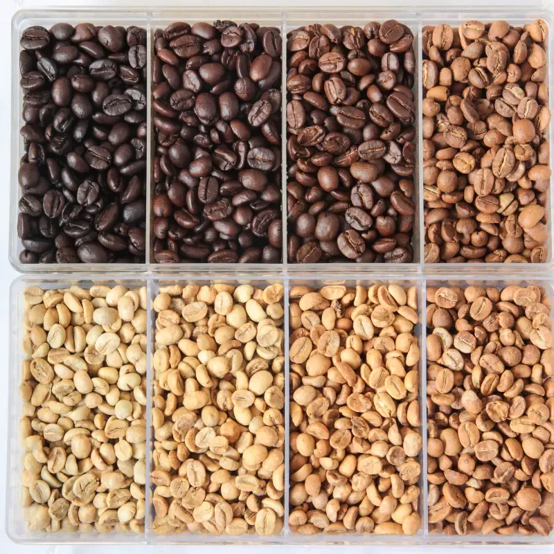 A spectrum of 8 types of roasts starting from very dark roasted beans to very light roasted beans