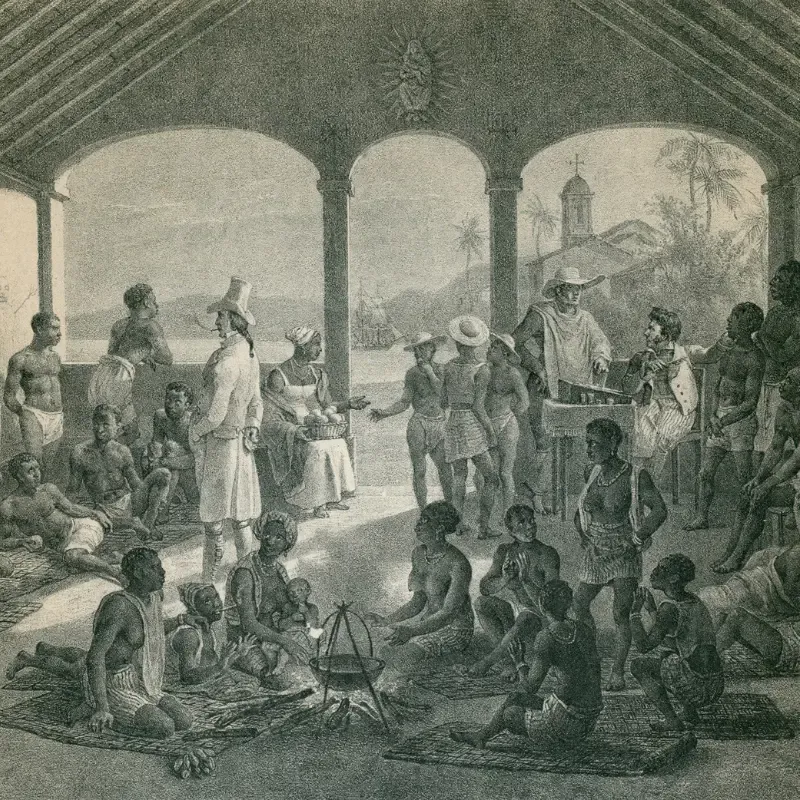 Old drawing of Brazil slave's market