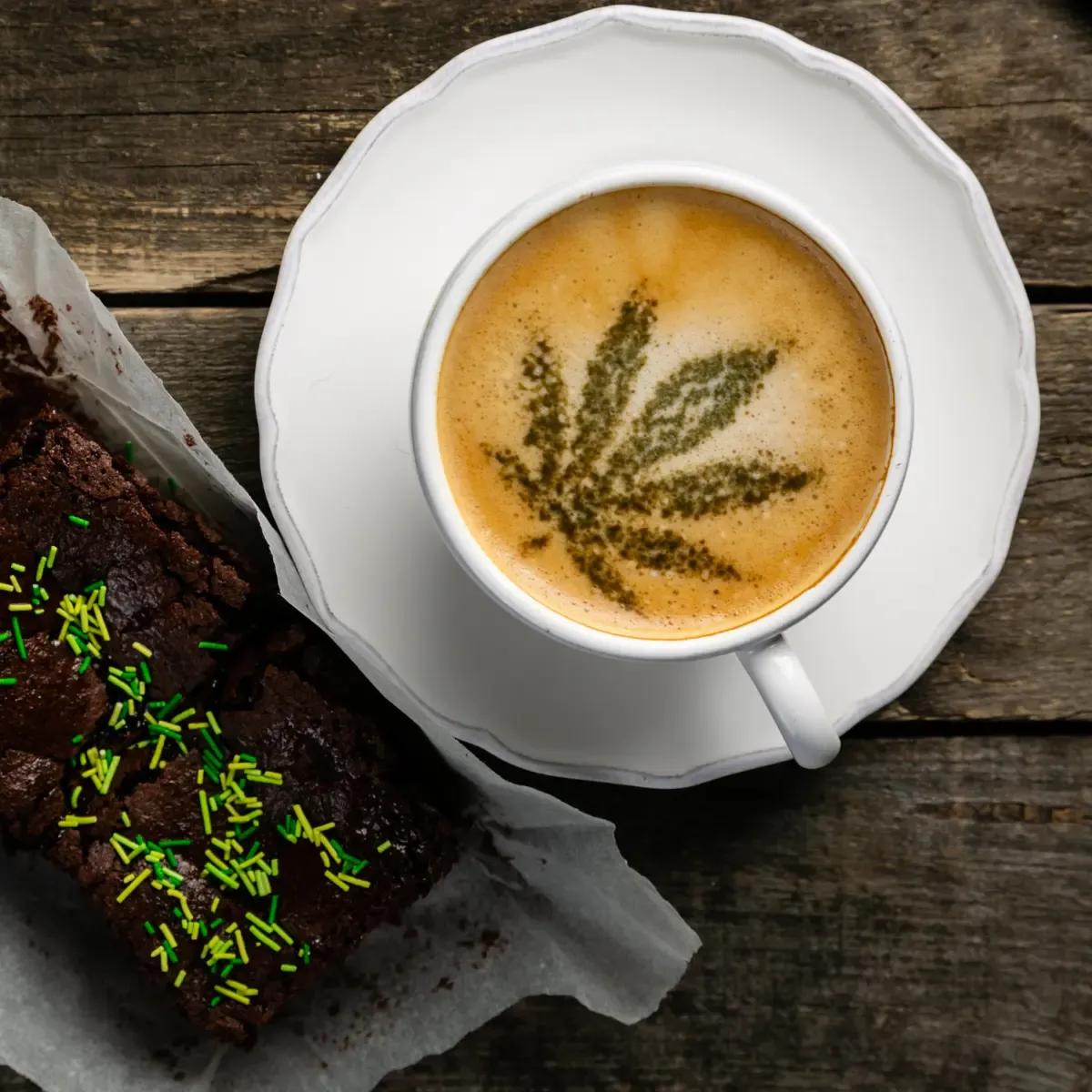 Latte with a cannabis leaf made with cacao powder