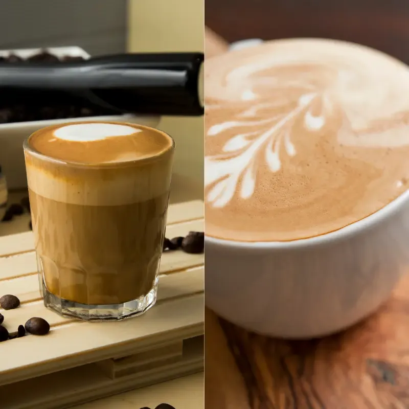 a cortado on the left and a flat white cup on the right to show the differences