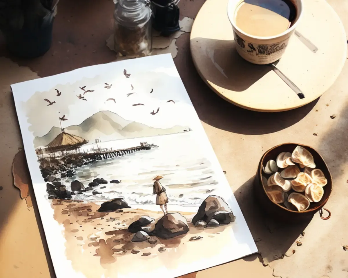 Coffee cup with watercolor painting of Da Nang's Beach