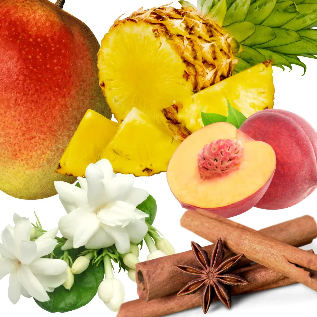 Graph showing a mango, a pineapple, jasmine flowers, cinnamon and a peach