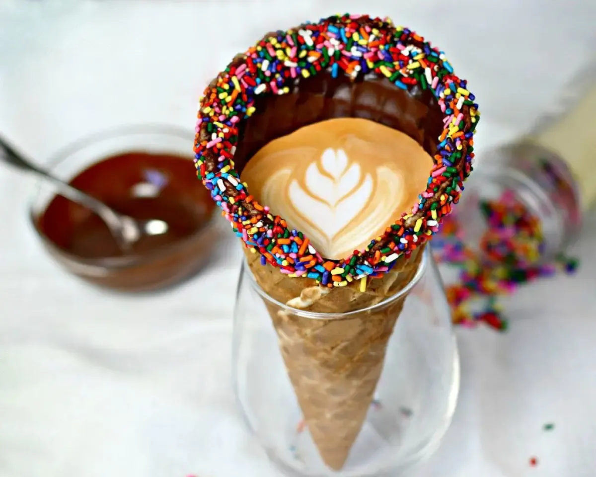 Coffee Latte into a waffle cone