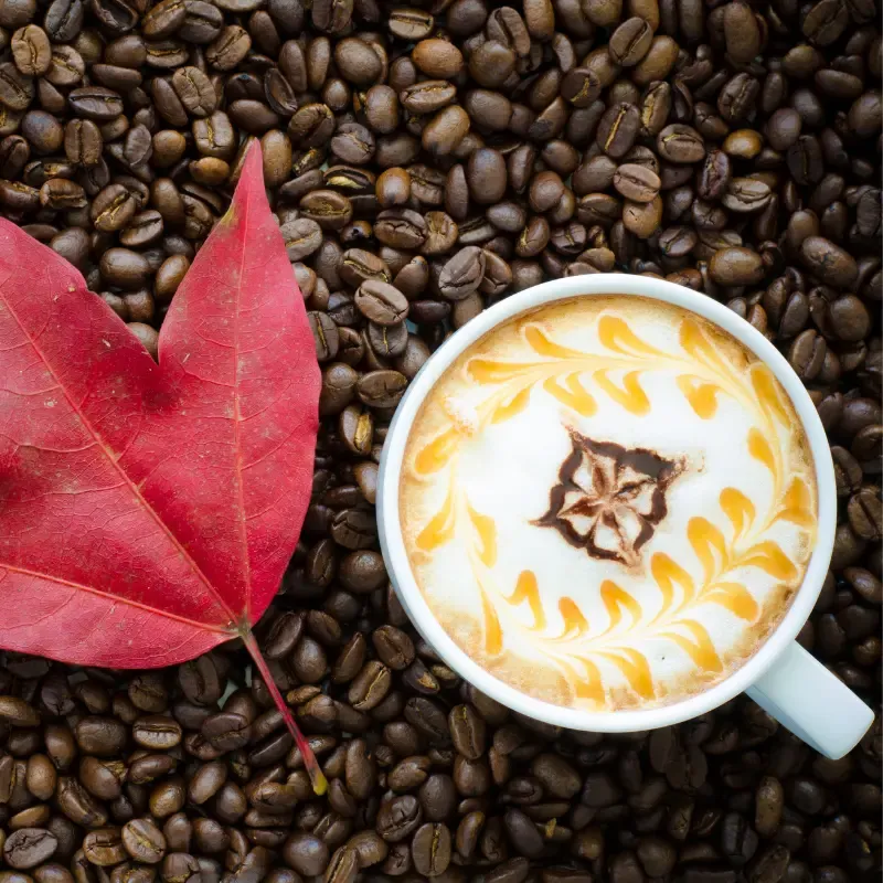 A coffee latte with a drizzle of maple syrup, a maple leaf and coffee beans in the background