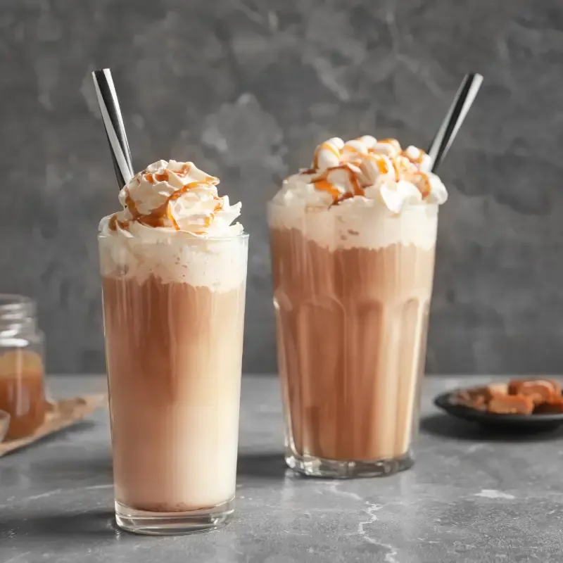 Two frappe drinks with whipped cream and caramel on top