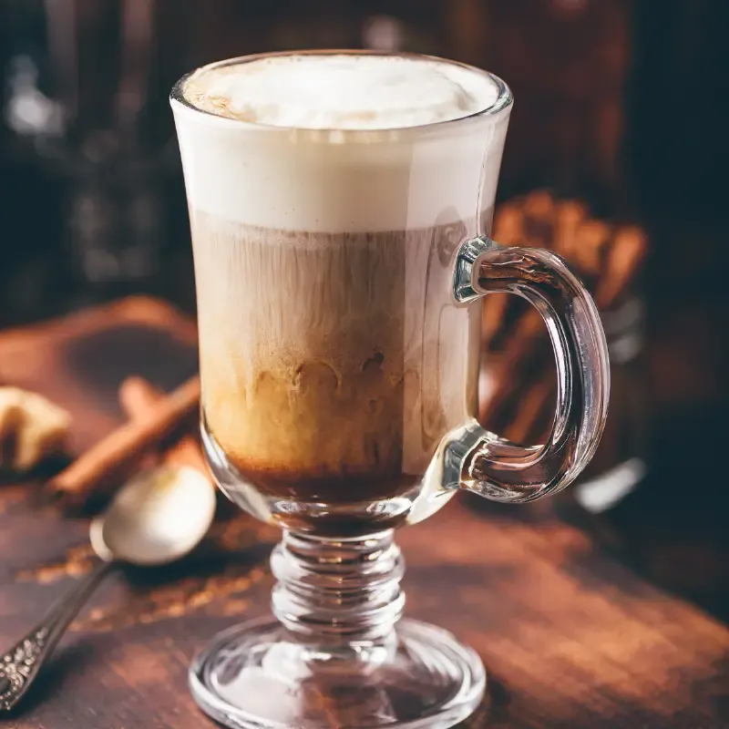 Irish coffee in a glass cup