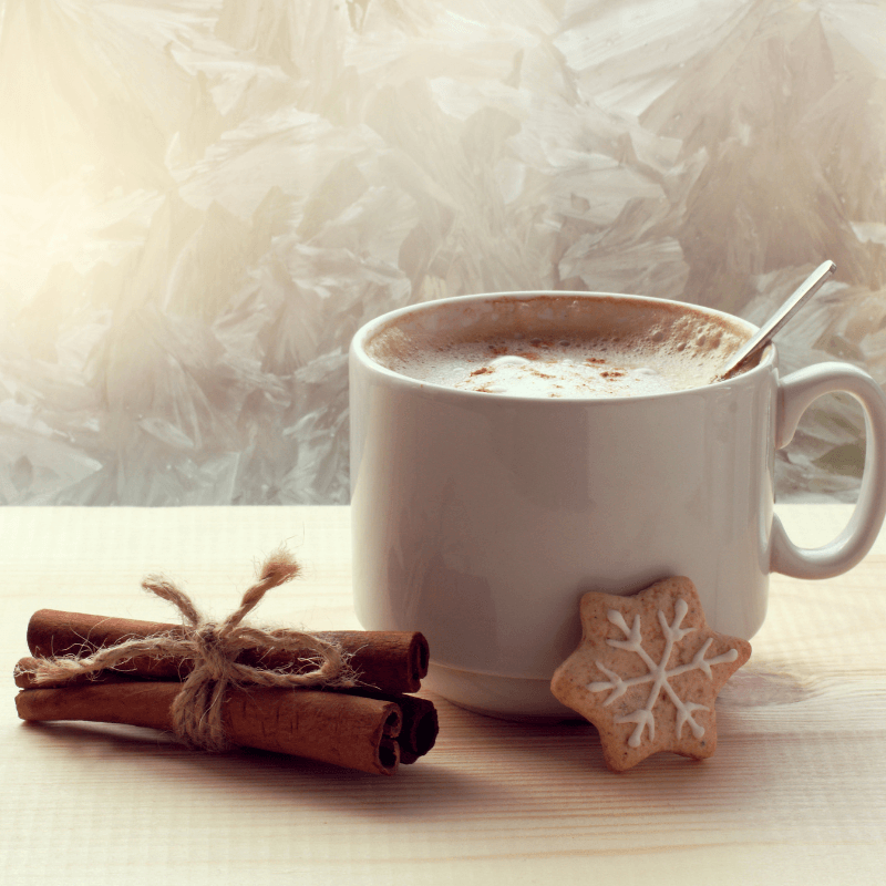 Hot cup of coffee by a frosty window with a cookie and cinnamon sticks