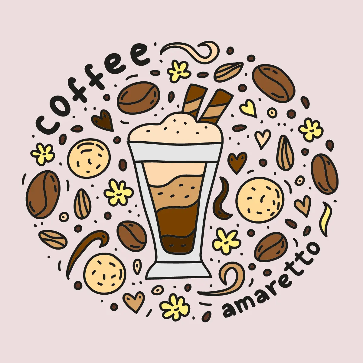 graphics of a coffee with amaretto ingredients