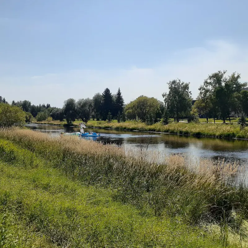People floating on a unicorn on the Sturgeon river in St Albert Downtown