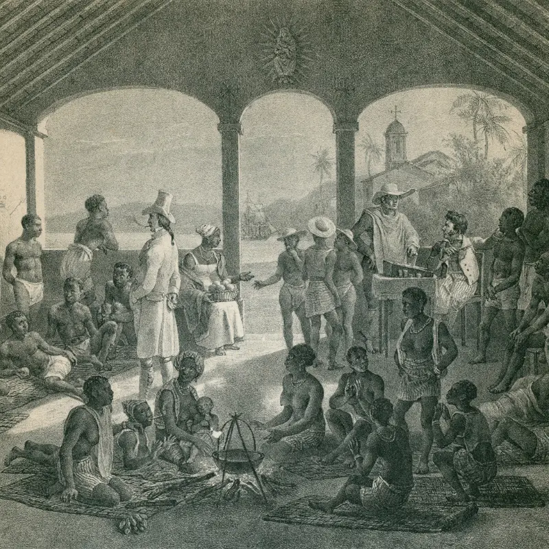 Old drawing of Brazil slave's market