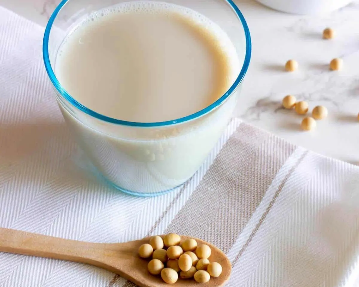 a cup of soy milk and soy beans
