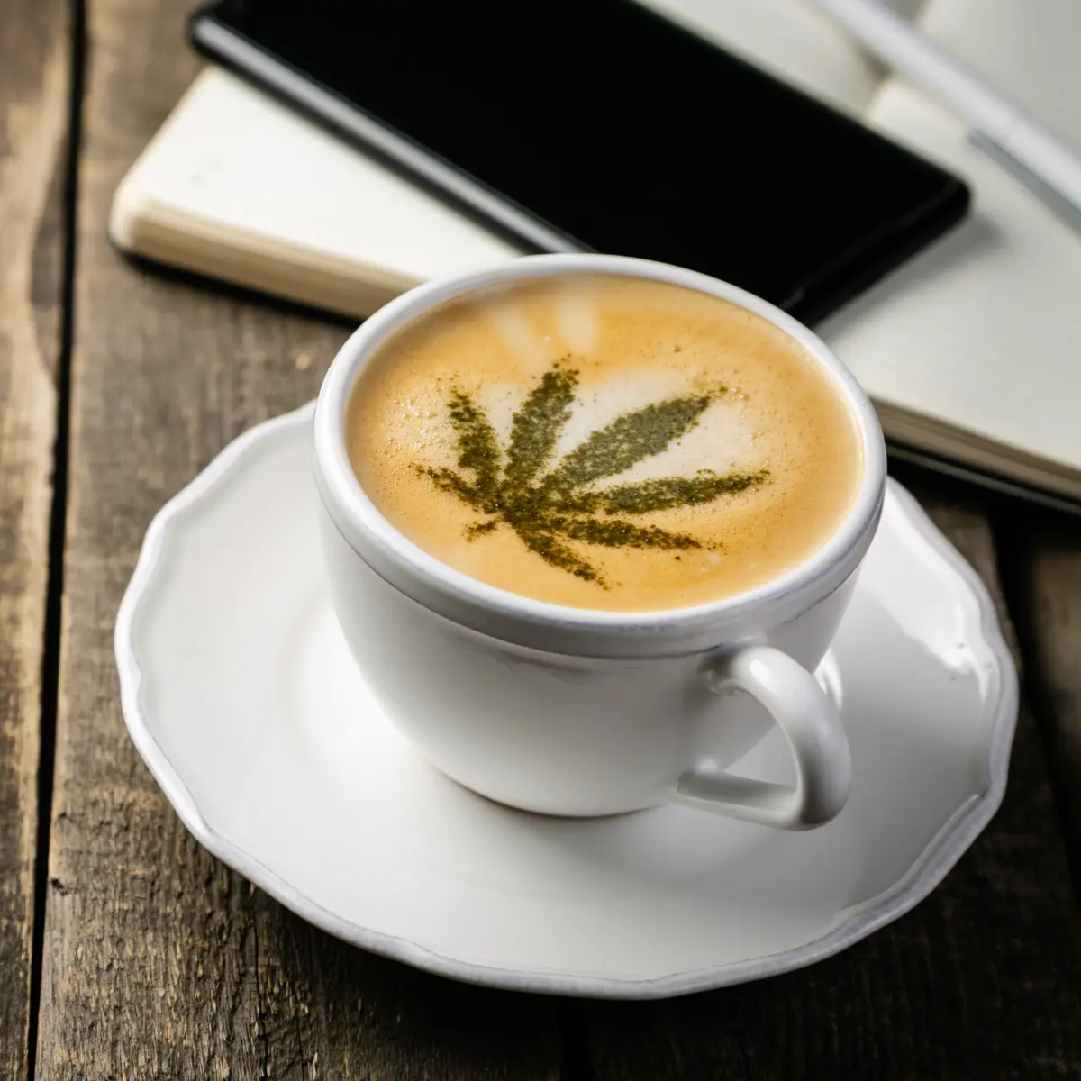 Latte with a cannabis leaf made with cacao powder