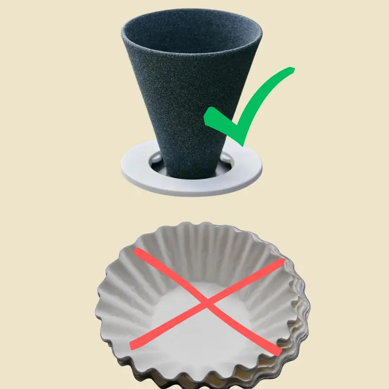 a ceramic coffee filter with a green check mark with coffee paper filter being crossed out in red