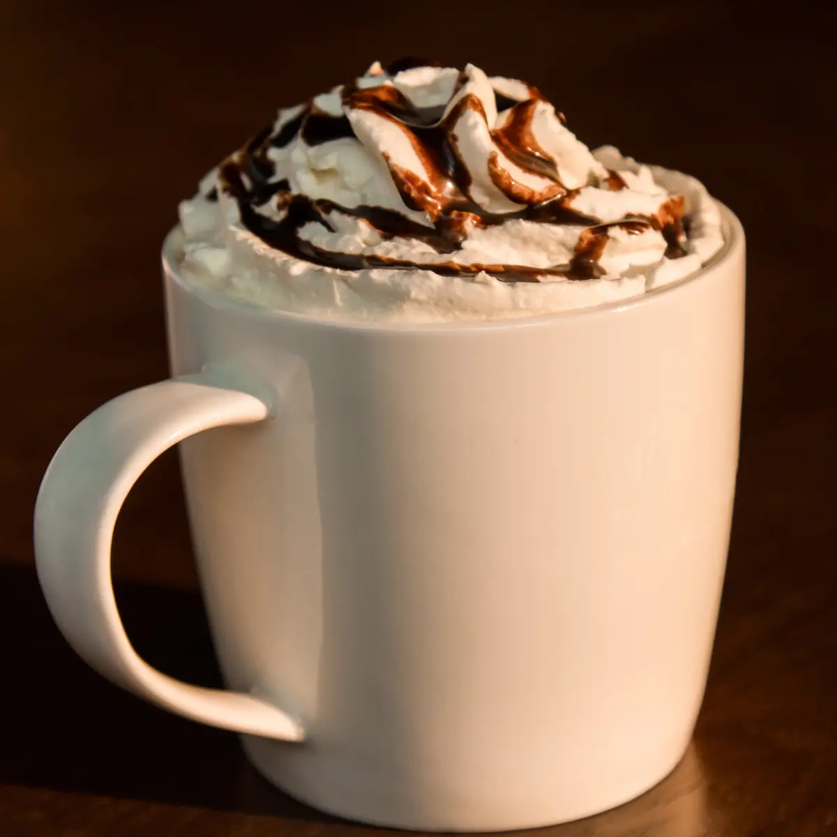 mocha latter with chocolate syrup on top of whipped cream