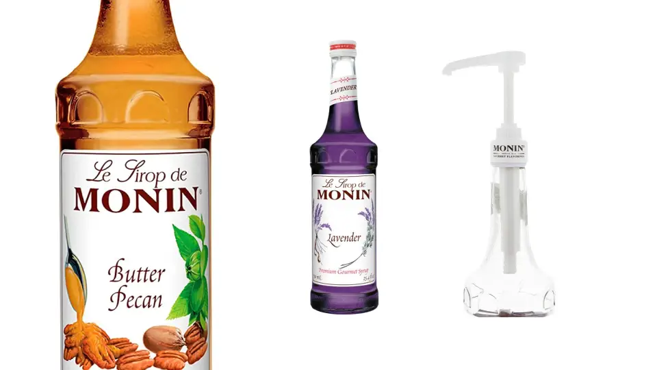 Bottles of Monin coffee syrup