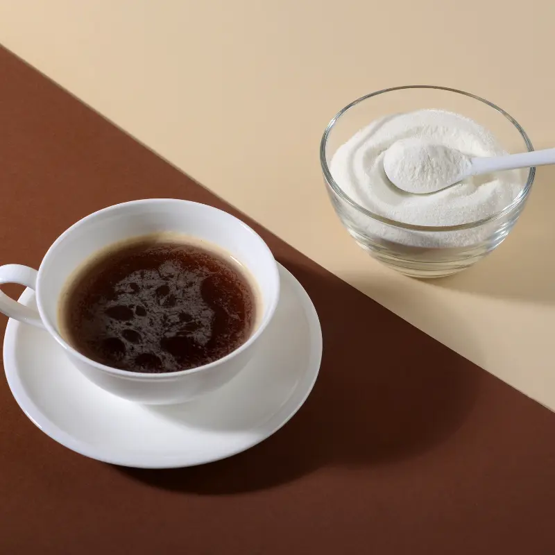 Protein powder beside a coffee