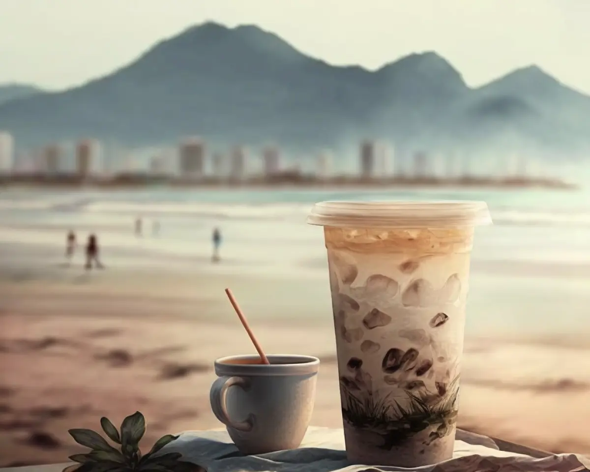 Coffee cup and iced coffee in the foreground, Da Nang city and beach in the background