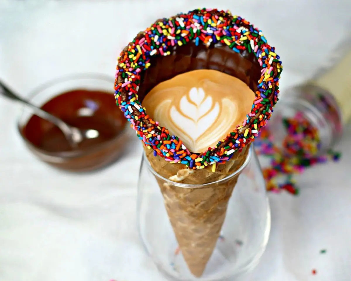 Coffee Latte into a waffle cone