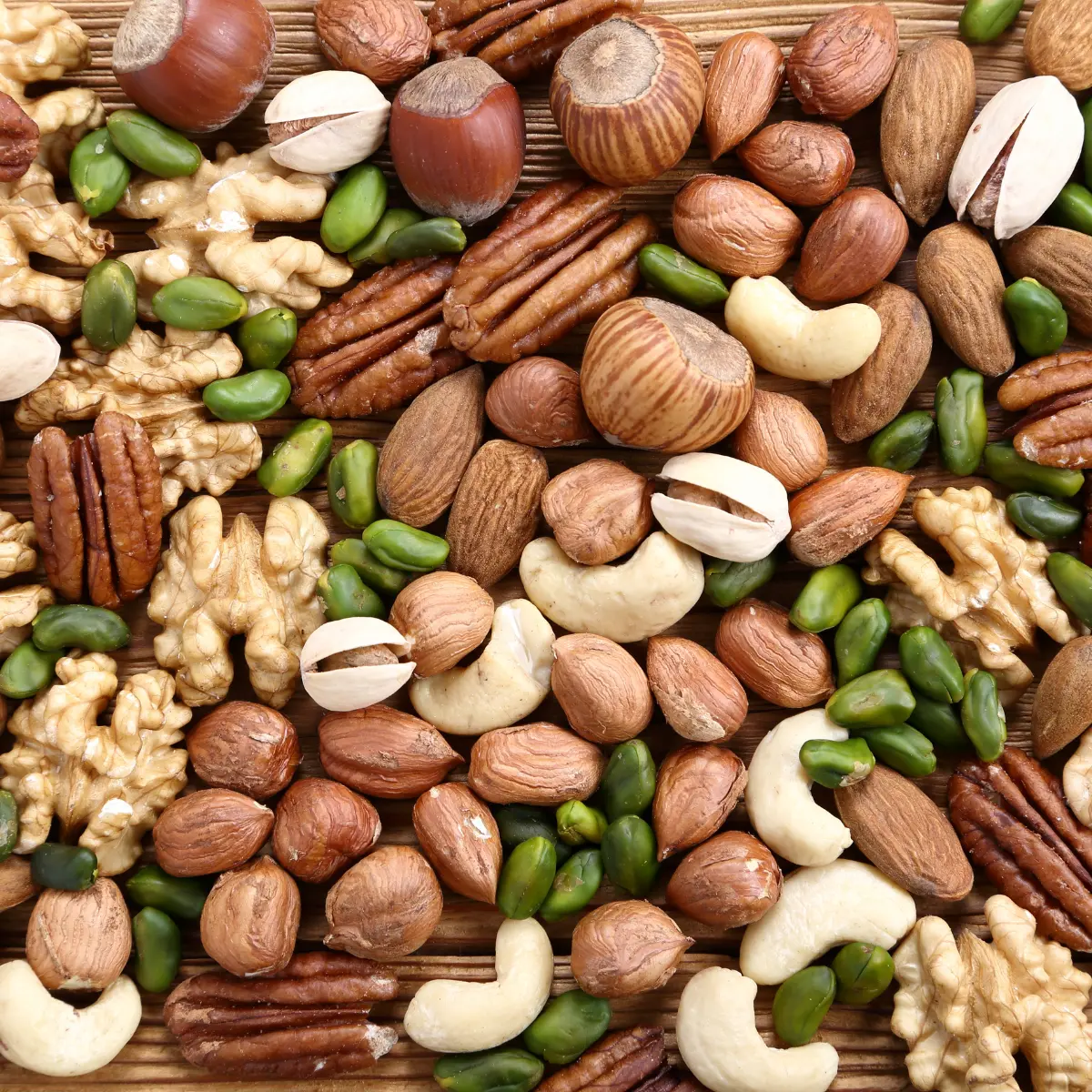 A mixture of hazelnuts, pistachio, almonds and pumpkin seeds.