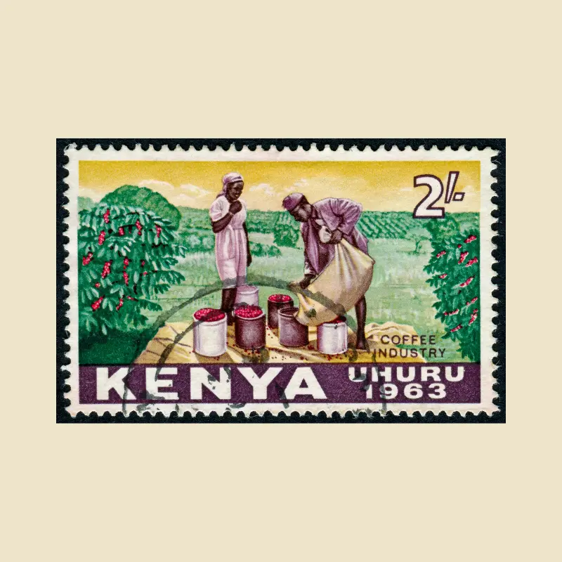 A Kenyan stamp from 1963 showing people harvesting coffee