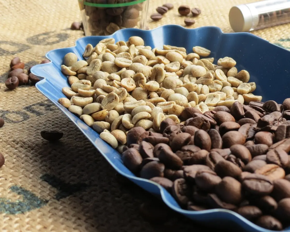 Coffee beans: roasted and unroasted.