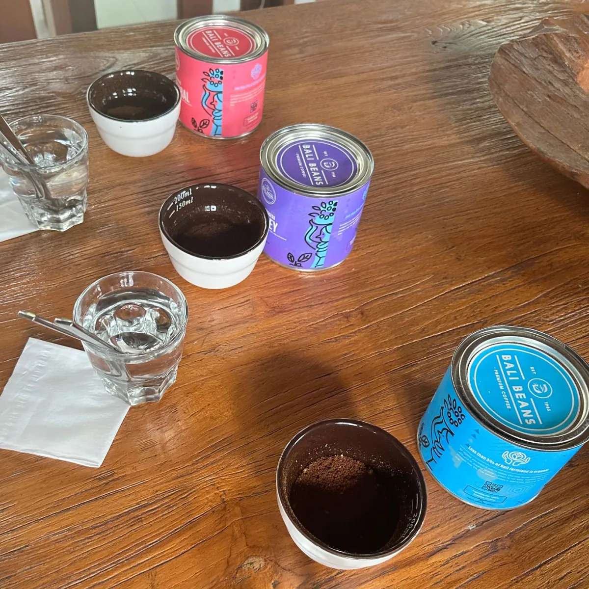 Cupping station for 3 different single origin coffee beans at a coffee plantation