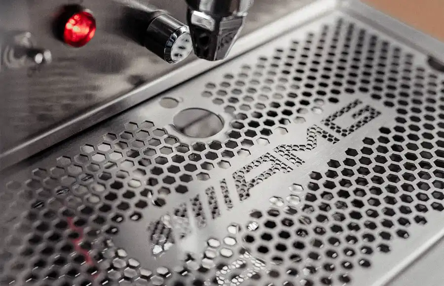 Fabricated hexigon drip tray on the Synchronika Espresso Machine